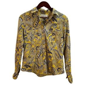 Michael Kors Womens Blouse Small S Yellow Art Nouveau Print Long Sleeve Button